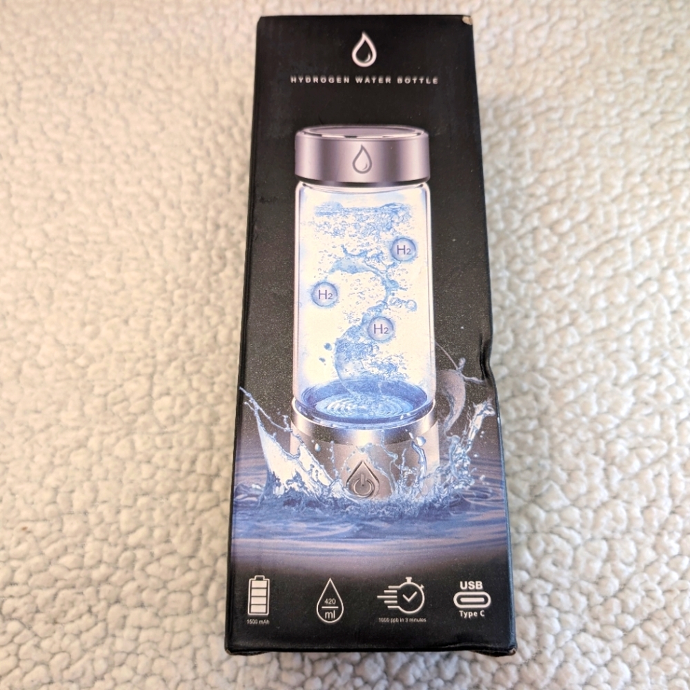 Hydrogen Water Bottle w Hydrogen Water Generator - Glass 420mL USB Type C-NEW